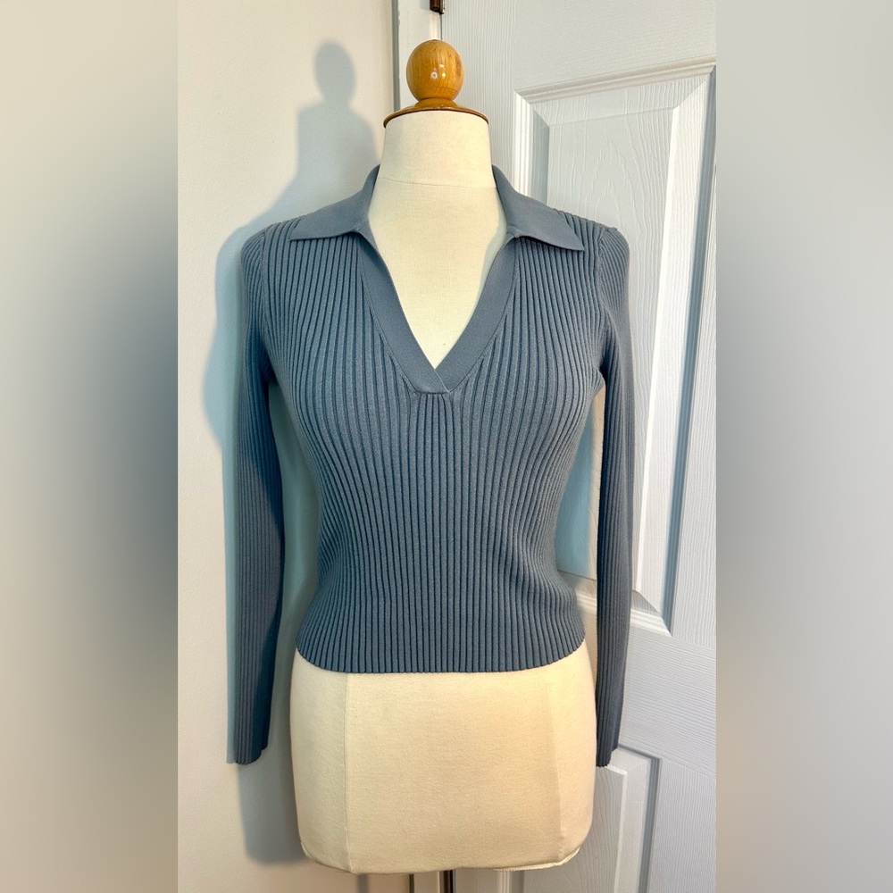 Open Edit Luxe Sculpt Rib Polo Sweater 
Blue Size Small
